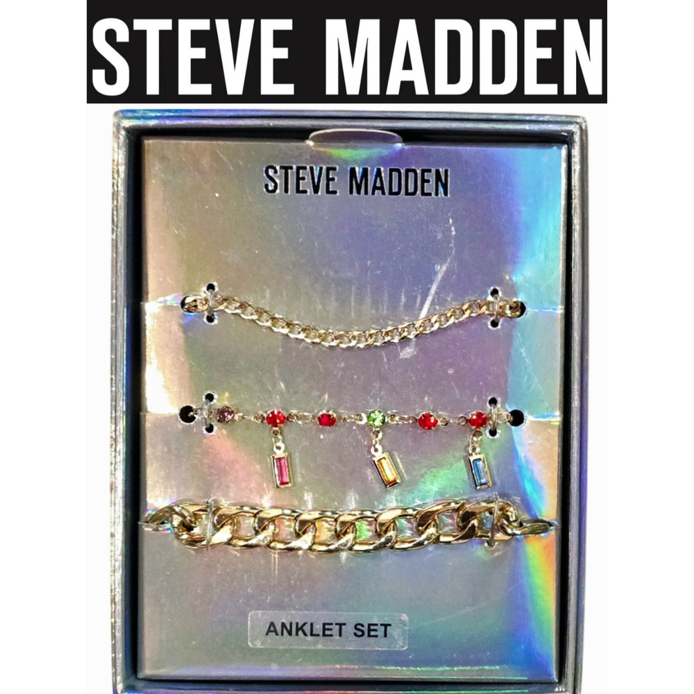 Steve Madden 3-PC Mixed Stone & Gold Boxed Anklet Set